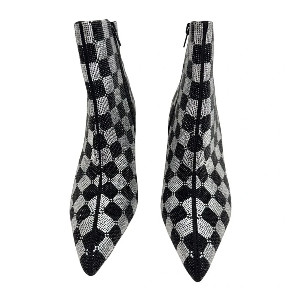 Wild Pair Ingriddd Rhinestone Checkered Ankle Boots Black Silver Block Heel 5M